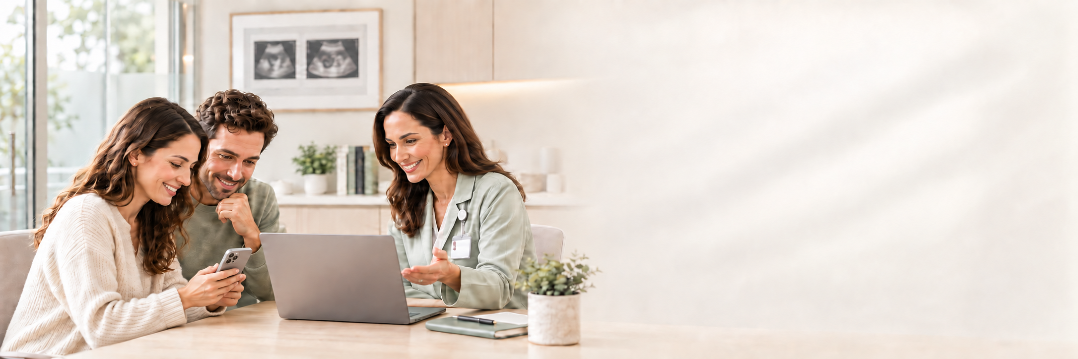 A couple speaking with a fertility clinician in a bright consultation room